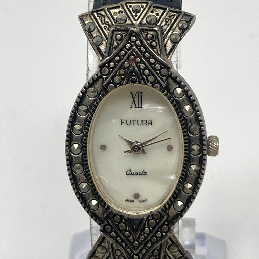 Vintage Futura Women's Watch Marcasite 22mm Silver Tone MOP Oval New Battery 8"